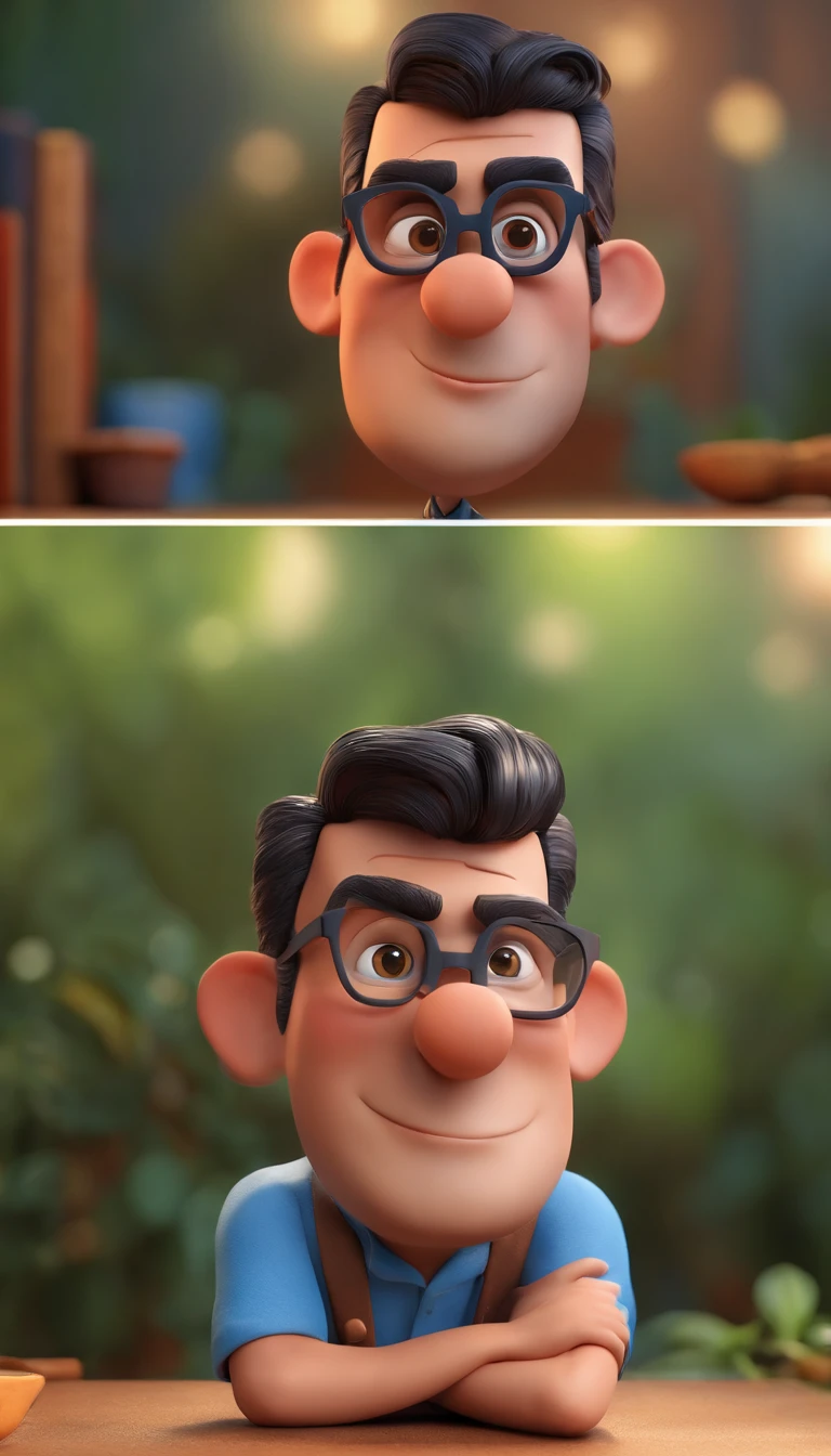 Cartoon character of a man with black glasses and a blue shirt, animation character, Caractere estilizado, animation style rendering, 3D estilizado, Arnold Maya render, 3 d render stylized, toon render keyshot, Personagem 3D, Personagem 3D, 3d rendering stylized, 3 d character render, personagem de desenho animado, Personagem de close up, Pose de personagem, (Estilo Pixar) (master part:1.2) (Bokeh) (best quality) (pele detalhada) (textura detalhada) (8k) (argila) (Cinematic lighting) (foco nítido