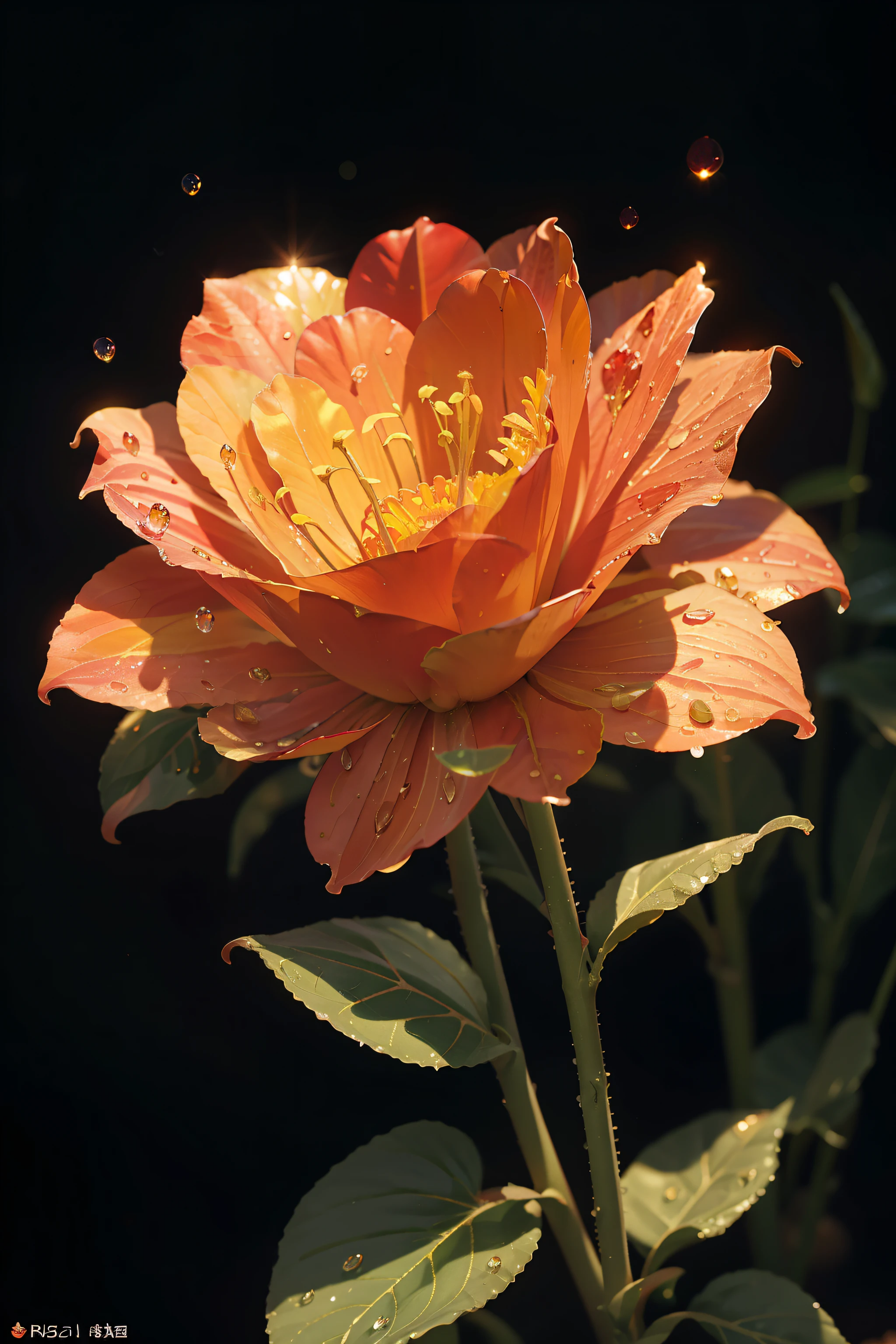 flowers with dew drops, red leaves and stems, golden ice, peach color background, glow, sun rays and glare, high detail, full detail, high resolution, glow, rendering , photorealistic, 55 mm, volumetric lighting, ray tracing, reflections