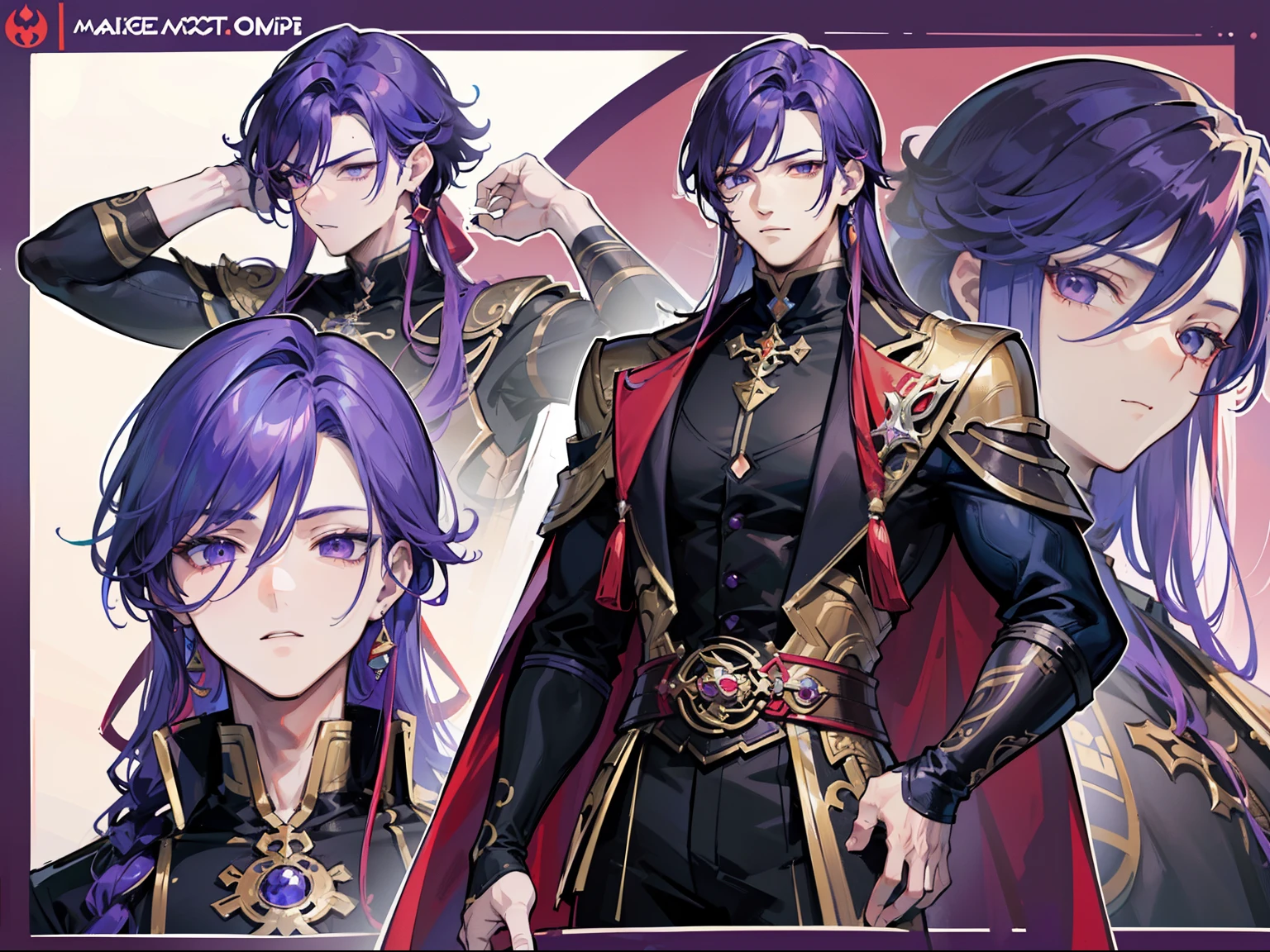 ((Masterpiece, Highest quality)), Male, boy, Detailed face, character design sheet, full bodyesbian, Full of details, frontal body view, back body view, Highly detailed, Depth, Many parts, Muscle boy with long purple hair with long bangs,handsome man, muscle body, vampire outfit clothes, Genshin Impact, man tall