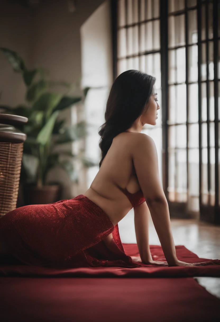 Asian, , on all fours, rear view, ass spread,hands on ass,black hair,red ass,crop top,bent over, no underwear,  exposed pussy, nude, doggystyle