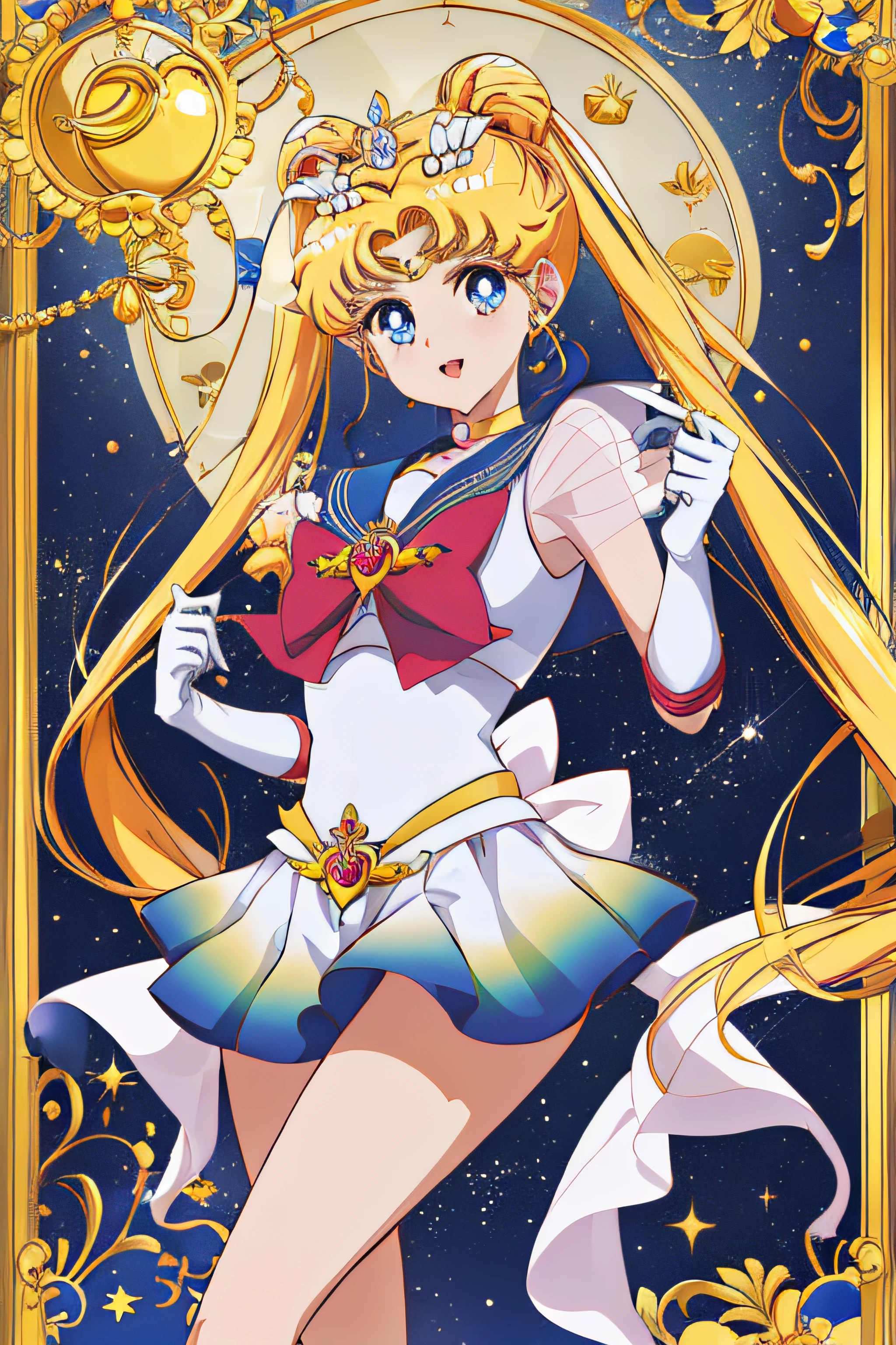 Obra maestra, La mejor calidad, High resolution, 1 girl, solamente, Uniforme Sailor Senshi, SMMoon, 1990's \(estilo\), cabello rubio, Magical Girl, ojos azules, falda azul, Guantes hasta el codo, tiara, falda plisada , Collar marinero azul, minifalda, gargantilla, gargantilla azul, Guantes blancos, Pelo muy largo, jewely, Pendientes, sentada, Piernas cruzadas, muy sexy. PIERNAS ENROSCADAS, Show loot