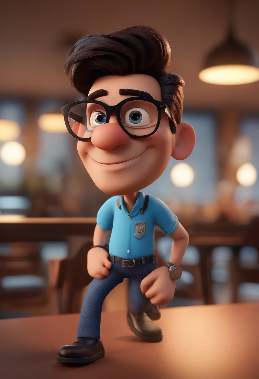 Cartoon character of a man with black glasses and a blue shirt, animation character, Caractere estilizado, animation style rendering, 3D estilizado, Arnold Maya render, 3 d render stylized, toon render keyshot, Personagem 3D, Personagem 3D, 3d rendering stylized, 3 d character render, personagem de desenho animado, Personagem de close up, Pose de personagem,  (Estilo Pixar) (master part:1.2) (Bokeh) (best quality) (pele detalhada) (textura detalhada) (8k) (argila) (Cinematic lighting) (foco nítido