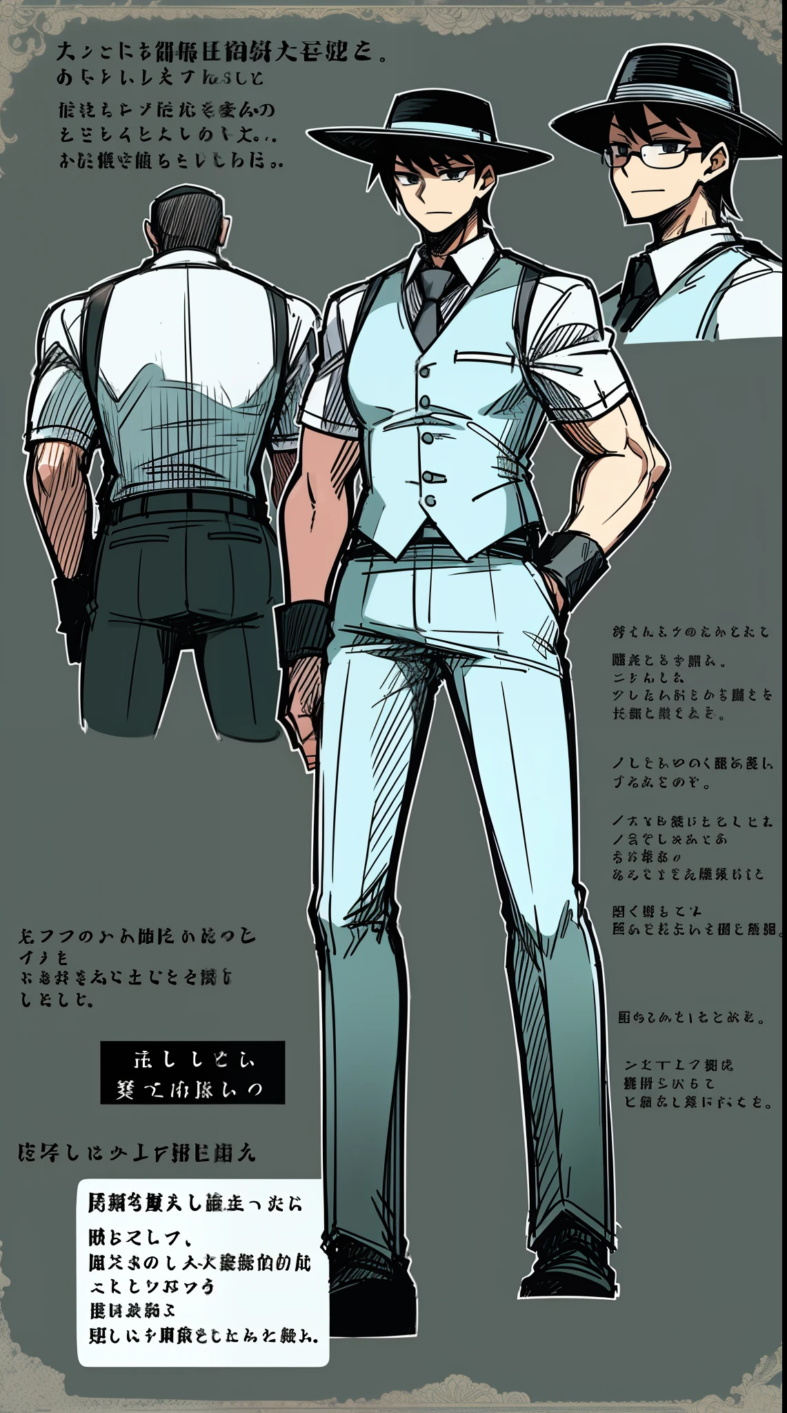 butler vest, pants white and black cloths,  half bald , black hair, glass, hat, black cloths