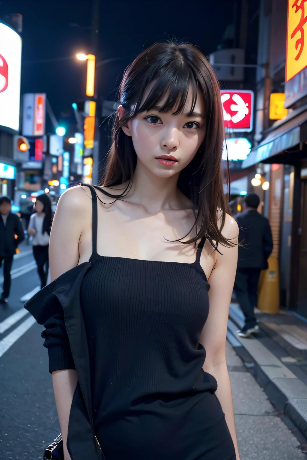 1girl in、Streets of Tokyo、natta、A city scape、city light、The upper part of the body、a closeup、8K、top-quality、masterpiece、realisitic、Photorealsitic、