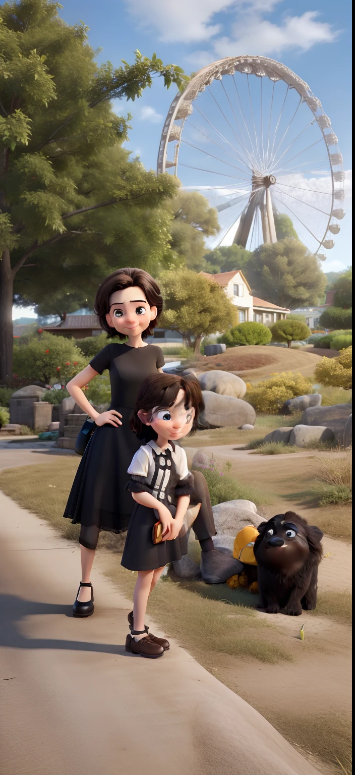 Young White Woman Medium Dark Hair Brown Eyes Wearing Black Dress With Hand On Waist Smiling Pixar Style