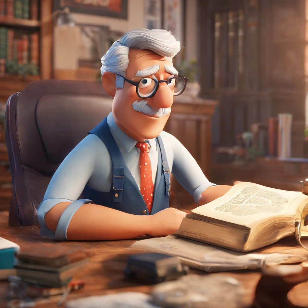 Crie um cartaz inspirado na Disney Pixar com o personagem sendo o pastor Rubens Janier, A gray-haired man wearing glasses, in an office with a Bible on the table, Looking forward and serious