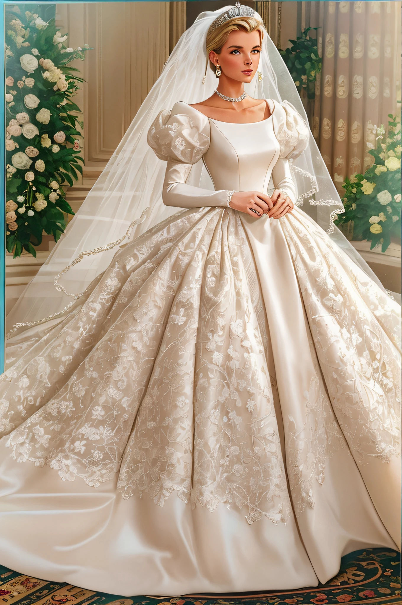 1980s style, Grace Kelly's royal wedding dress updated for the late 1980's with a Cinderella aesthetic and influence from Princess Diana's and Sarah Ferguson's wedding dresses