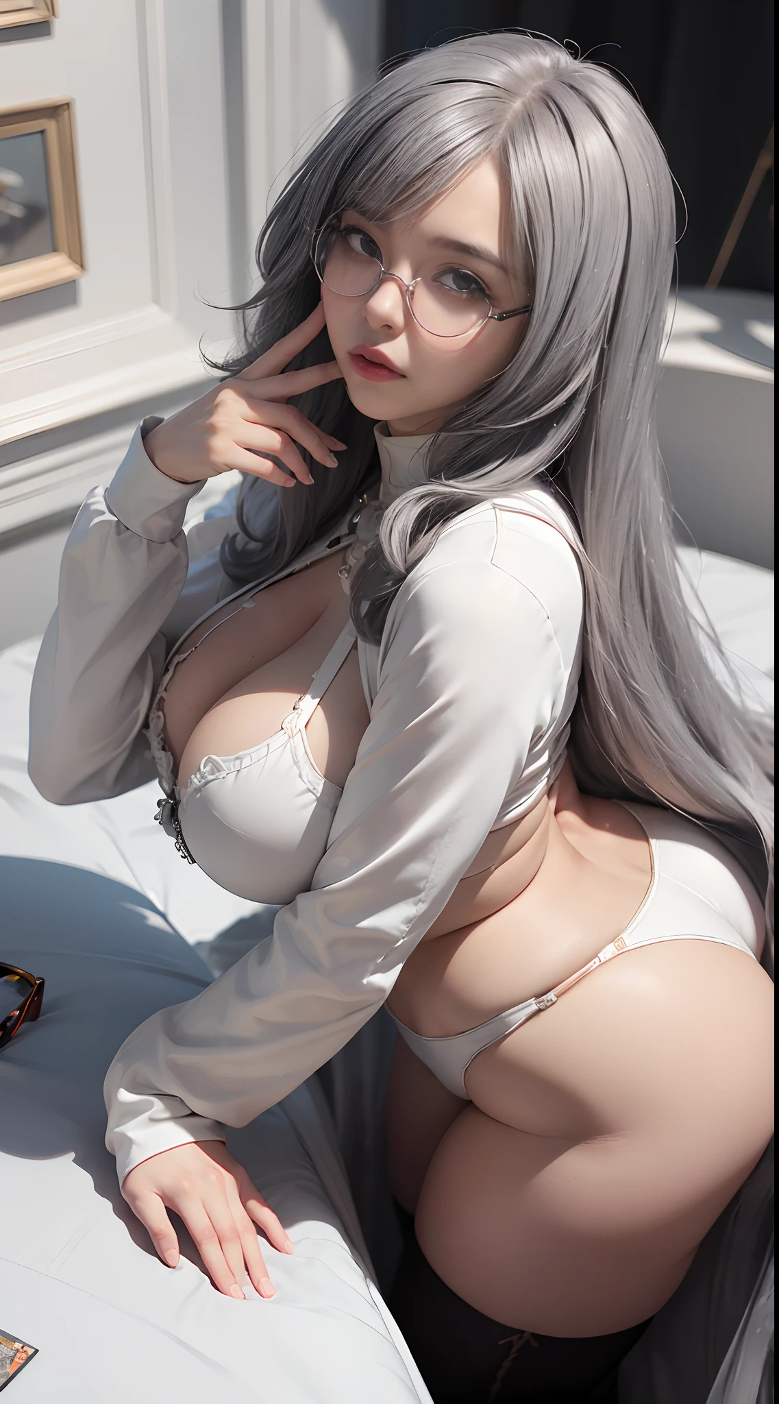 Gray-haired 25-year-old girl in elaborate Superman costume、((((Huge glasses, Otaku Glasses, thick glasses, Round glasses)))),Long sleeves in white, Covers the whole body,  white capelet, big breastes, Generous cleavage, Black Superman Costume, Suit with black carbon fiber details, bent over (Butt pose during the exhibition:1.2), (Intricate details:0.9), (nffsw, Hyper-detailing:1.2), (natural skin textures, hyper realisitc, Soft light, sharp), Photos in RAW and 35mm formats.Dark radial background.