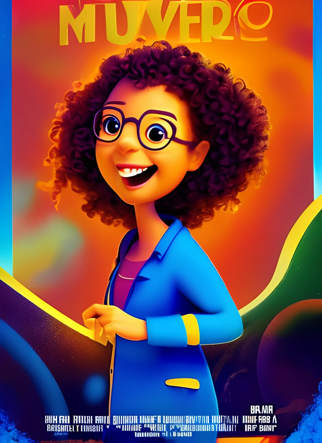 Disney Pixar-inspired movie poster with the title "Em Busca do Volume Perfeito". Mulher brasileira de pele parda clara, 40 anos, with beautiful curly and voluminous hair wearing glasses. The scene should follow an art style similar to Pixar's, Focus on character expressions, cores vibrantes, Detailed textures and features of your animations, melhor qualidade.