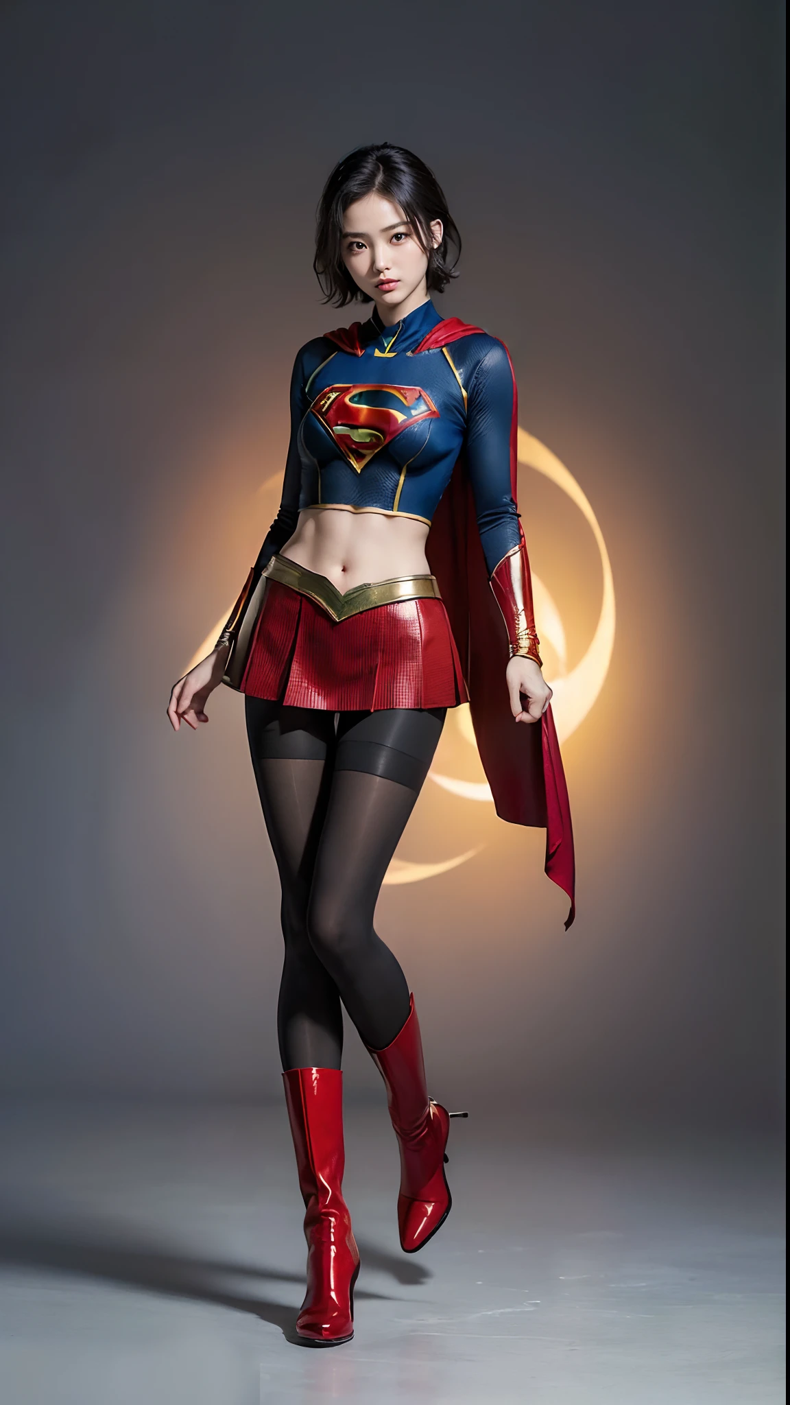 Beautiful girl fighting、japanes、Cute Beautiful Girl、(((Wear black tights on your beautiful legs.)))、(((beauty legs)))、(((Open thighs)))、((((Make the most of the original image)))、(((Supergirl Costume)))、(((Beautiful hair in a short cut)))、(((Injured)))、(((Be sure to wear black tights on your feet)))、(((You need to wear red boots)))、((Top image quality、8K))、((top-quality、8K、masterpiece:1.3))、(((Keep your background simple)))、Crisp focus:1.2、Beautiful woman with perfect body shape:1.4、Slender Abs:1.2、a wet body:1.5、Highly detailed facial and skin texture、8K、Keep your background simple