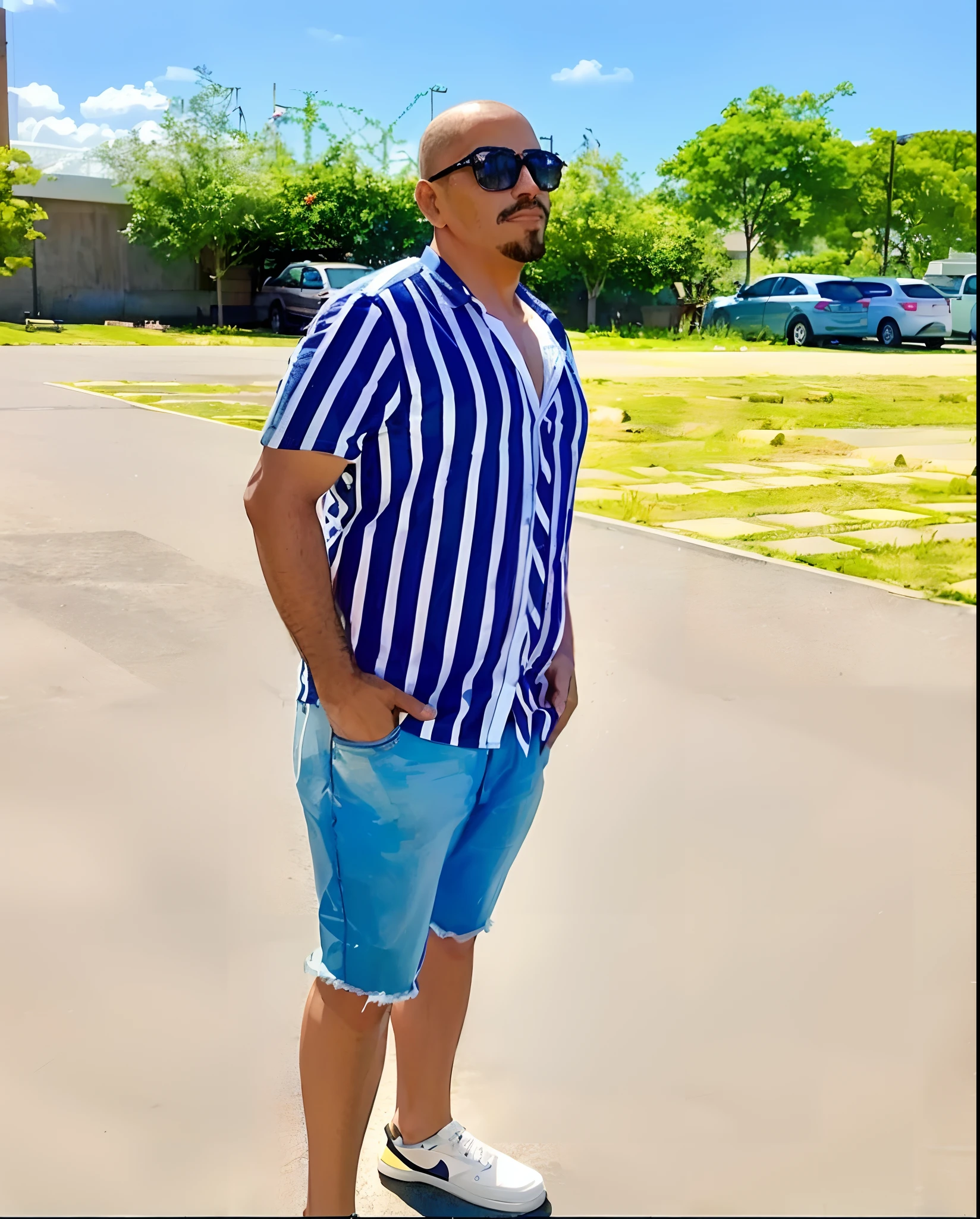 Man in striped shirt and blue shorts standing on a skateboard, andres rios, vestindo camisa listrada, taken in the early 2020s, 🌻🎹🎼, inspirado no Mestre do Bambino Vispo, Tiro com iPhone 1 0, olhando heckin legal e elegante, Estilo Zigor Samaniego, foto de perfil