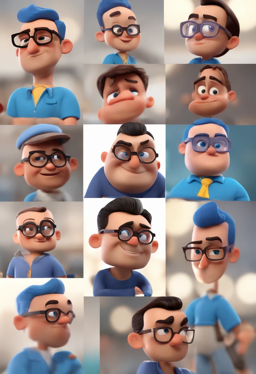 Cartoon character of a man with black glasses and a blue shirt, animation character, Caractere estilizado, animation style rendering, 3D estilizado, Arnold Maya render, 3 d render stylized, toon render keyshot, Personagem 3D, Personagem 3D, 3d rendering stylized, 3 d character render, personagem de desenho animado, Personagem de close up, Pose de personagem,  (Estilo Pixar) (master part:1.2) (Bokeh) (best quality) (pele detalhada) (textura detalhada) (8k) (argila) (Cinematic lighting) (foco nítido