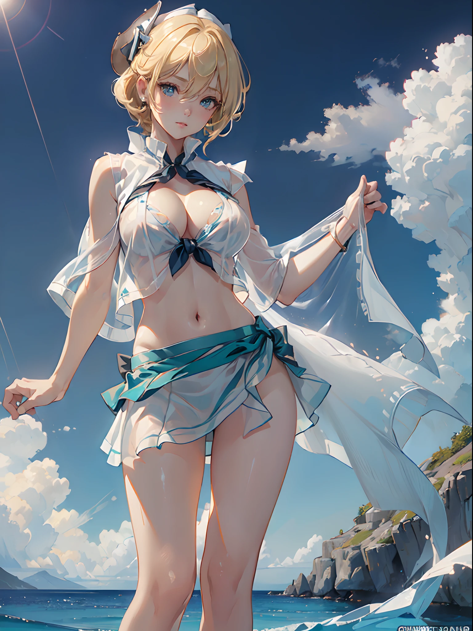 (((toppless))), (large full breasts), (((cleavage))), ((Smooth texture, Realistic texture, Photorealistic)), Detailed beautiful eyes, Beautiful eyelashes, emerald eyes, Blonde medium hair, extremely detailed CG unified 8k wallpaper, very fine 8KCG wallpaper, (masterpiece, Best Quality), High resolution, Ultra-detailed, ultra-sharp, 1 woman, at poolside, (((sheer white sailor shirt, Sleeveless, Open front))), (((Navel ))), (((Sheer Micro Mini Skirt))), (Beautiful face, Cute face, Detailed face), (((Cowboy Shot))), (((Sunny))), Perfect Eyes Eyes