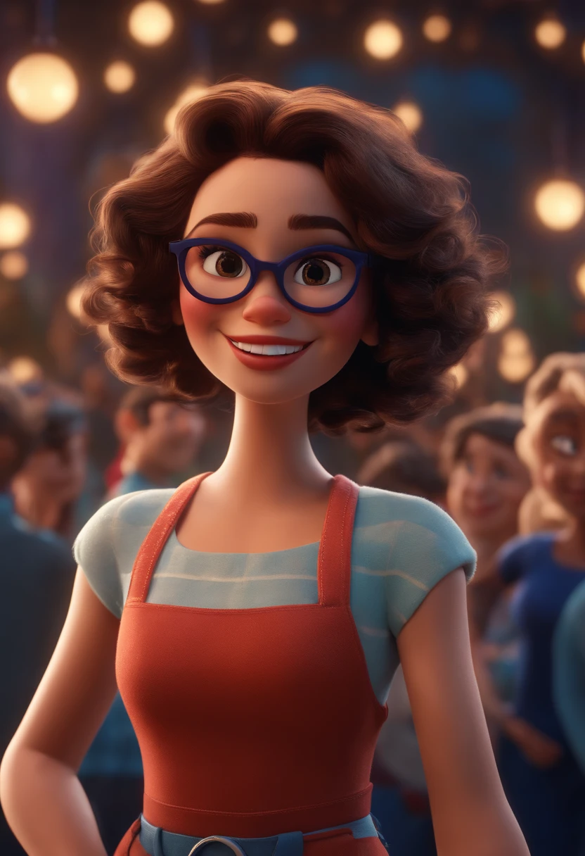 Pixar style image with 3D character white glasses brunette woman short curly hair dancing, Maquiagem Disney,Pescador, bonitinho, sorridente ,Close-up, Pixar, Disney, Cinema lighting,