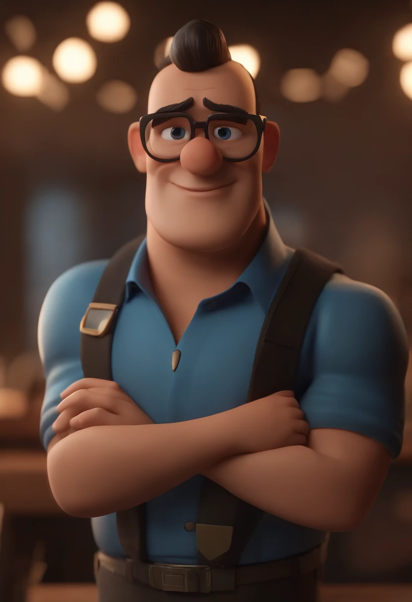 Cartoon character of a man wearing black glasses and a blue shirt, um personagem animado, Caractere estilizado, animation style rendering, 3D estilizado, Arnold Maya render, 3 d render stylized, toon render keyshot, Personagem 3D, Personagem 3D, 3d rendering stylized, 3 d character render, personagem de desenho animado, Personagem de close up, Pose de personagem, (Estilo Pixar) (master part:1.2) (Bokeh) (best quality) (pele detalhada) (textura detalhada) (8k) (argila) (Cinematic lighting) (foco nítido，Senta e vaza a parte superior do corpo