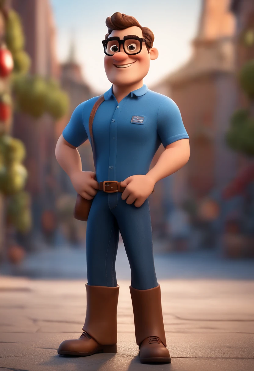 Cartoon character of a man wearing black glasses and a blue shirt, um personagem animado, Caractere estilizado, animation style rendering, 3D estilizado, Arnold Maya render, 3 d render stylized, toon render keyshot, Personagem 3D, Personagem 3D, 3d rendering stylized, 3 d character render, personagem de desenho animado, Personagem de close up, Pose de personagem, (Estilo Pixar) (master part:1.2) (Bokeh) (best quality) (pele detalhada) (textura detalhada) (8k) (argila) (Cinematic lighting) (foco nítido,Senta e vaza a parte superior do corpo