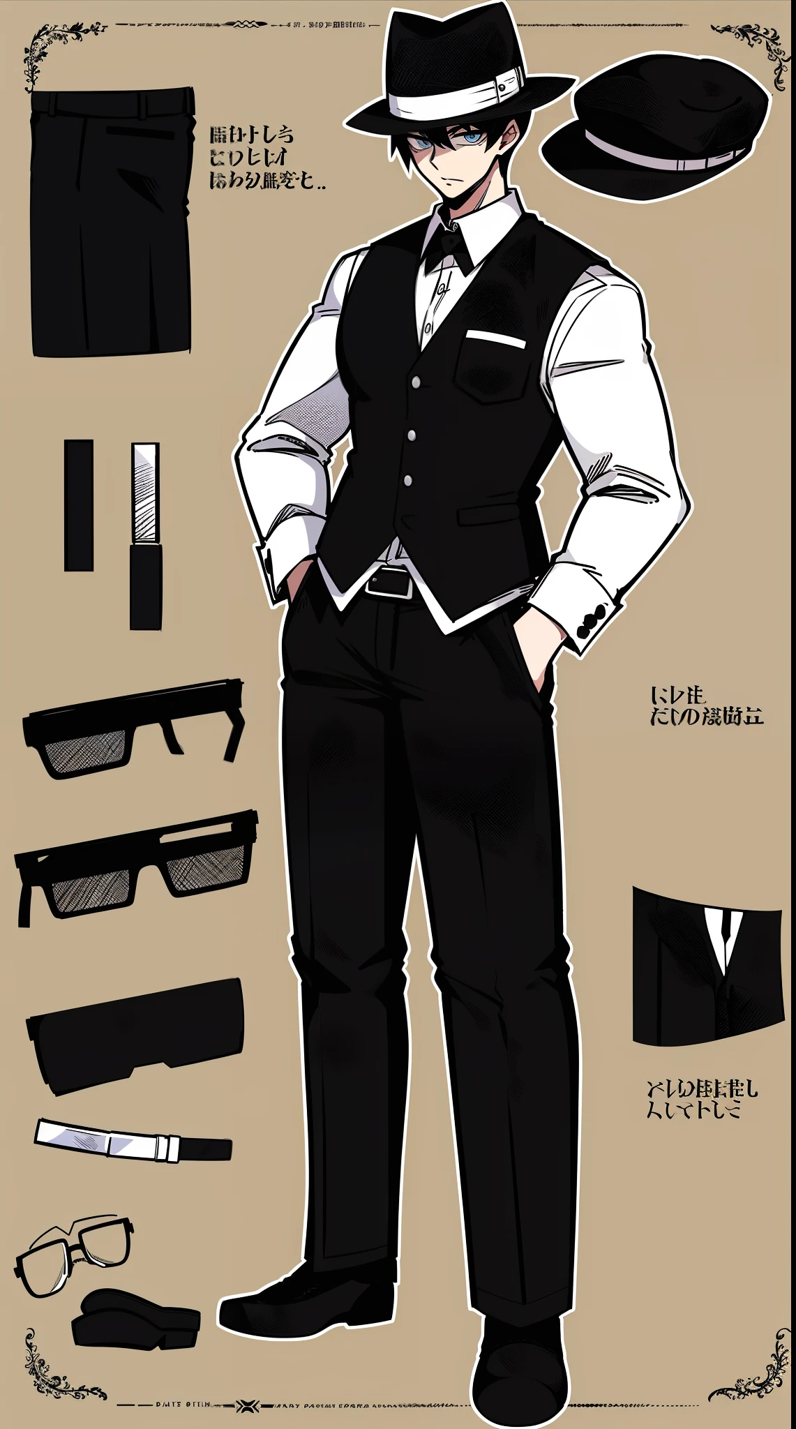 butler vest, pants white and black cloths, half bald , black hair, glass, hat, black cloths