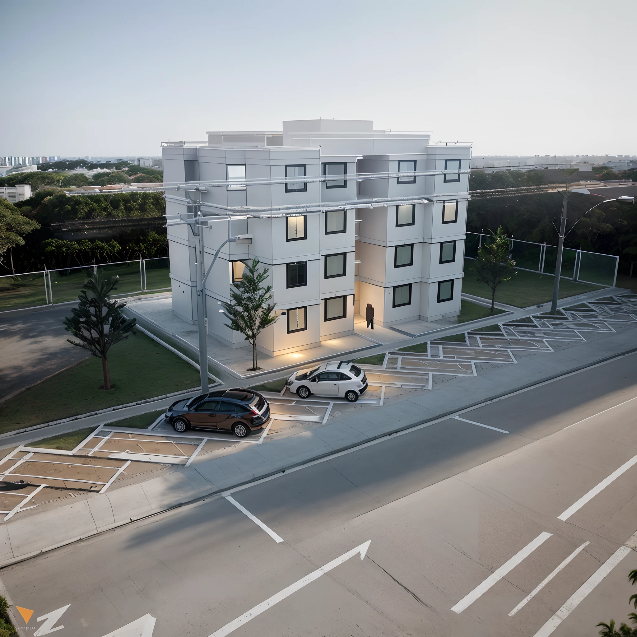 A modern building construction in a luxury condominium, dois carros na rua estacionado e pessoas andam no entorno do local, Arquitetura de concreto com postes de luz na rua, Wooded area with trees around the building, ultra realistic, detalhes intrincados, cinematic lights, 8k