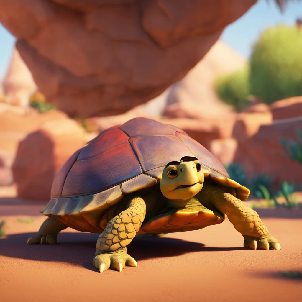 Disney Pixar style film cover with title: O Jabuti.  A tortoise that has red scales on its head and paws.  The scene should have the same Disney Pixar digital art style, highlighting the character's characteristics, with the title: O Jabuti