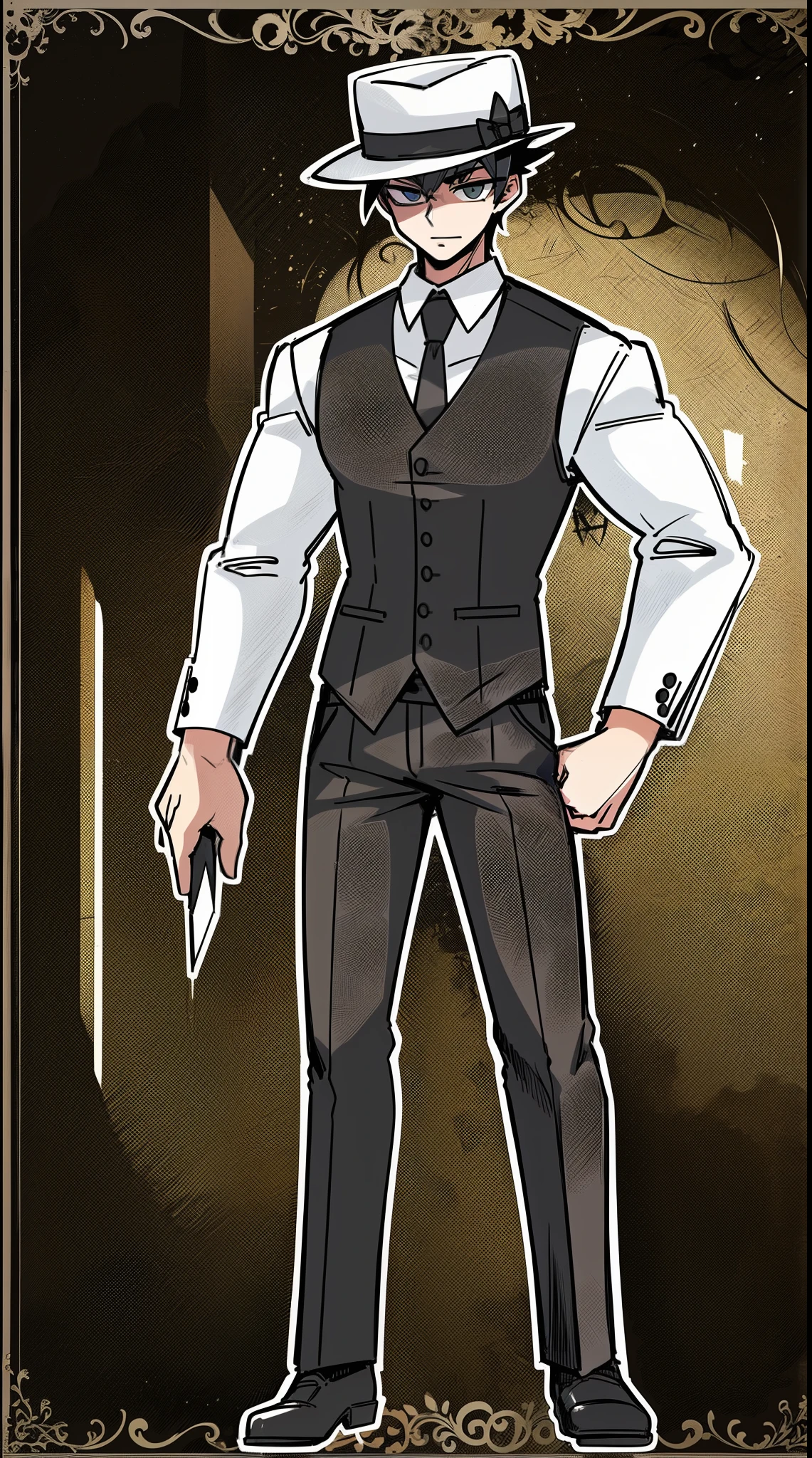 butler vest, pants white and black cloths, half bald , black hair, glass, hat, black cloths