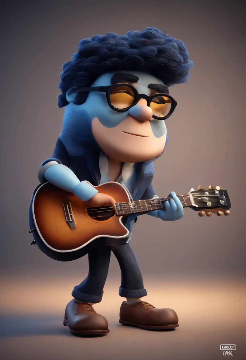 Cartoon character of a man with black glasses, careca, barba fechada e uma camisa azul, animation character, Caractere estilizado, animation style rendering, 3D estilizado, Arnold Maya render, 3 d render stylized, toon render keyshot, Personagem 3D, Personagem 3D, 3d rendering stylized, 3 d character render, personagem de desenho animado, Personagem de close up, tocando guitarra, Pose de personagem,  (Estilo Pixar) (master part:1.2) (Bokeh) (best quality) (pele detalhada) (textura detalhada) (8k) (argila) (Cinematic lighting) (foco nítido