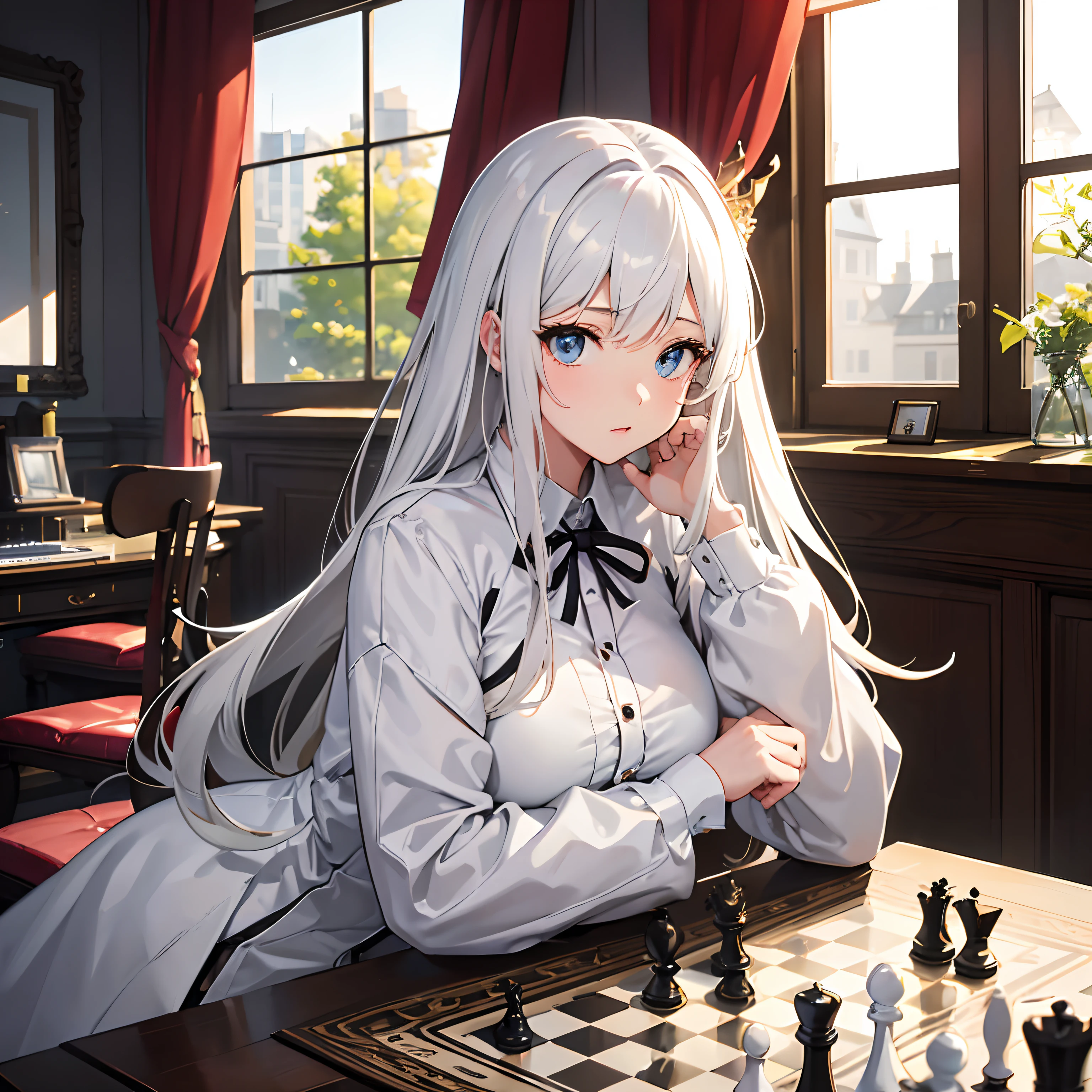 Girl with extermly large and exposed Brest,in her bedroom,Playing chess on her desk,white dress,white hair,sits on a chair, she's holding a and thinking, sitting on a chair(that is off-frame), the chessboard that is in front of her