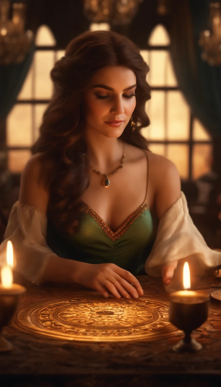 A woman with long brown hair, fair skin, exuding a gypsy aura, performs a tarot reading at a round table. Transform this scene in paris.  personagem de desenho animado, Personagem de close up, Pose de personagem, (Estilo Pixar) (master part:1.2) (Bokeh) (best quality) (pele detalhada) (textura detalhada) (8k) (argila) (Cinematic lighting) (foco nítido