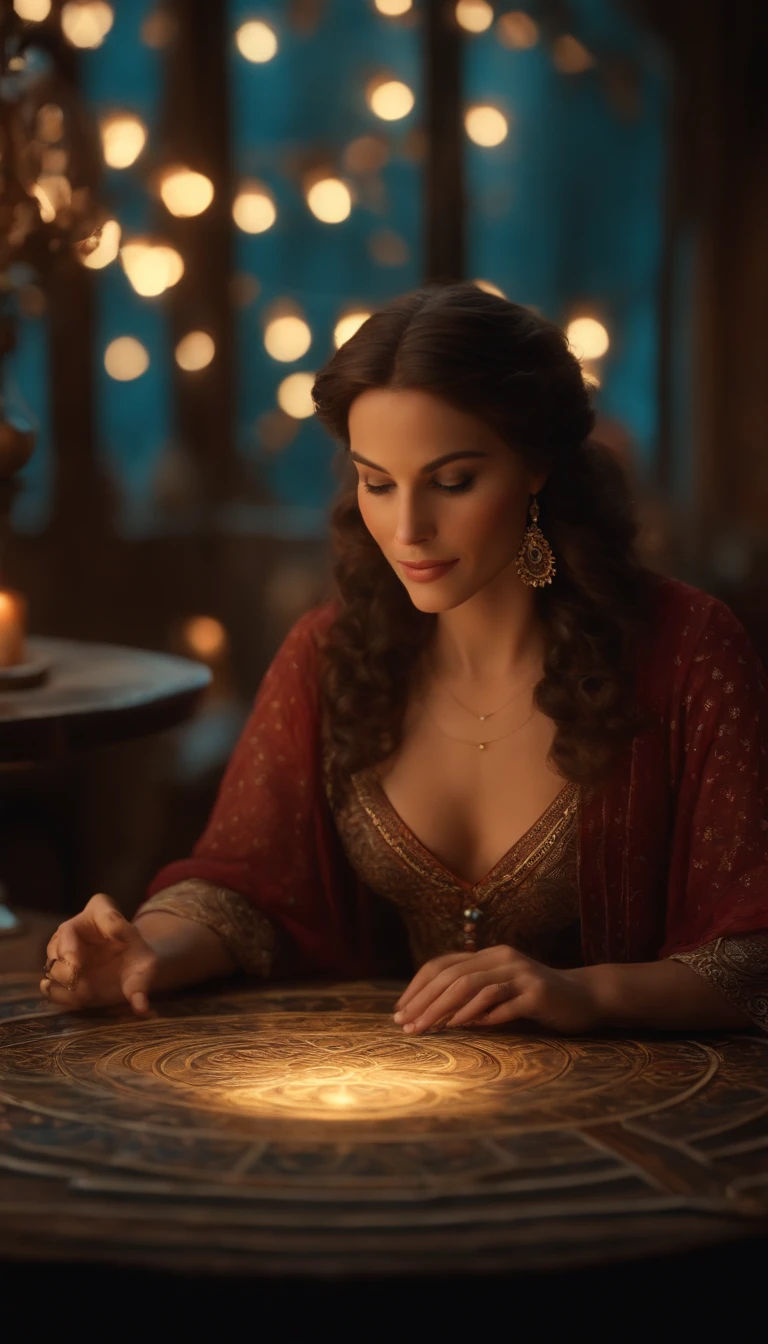 A woman with long brown hair, fair skin, exuding a gypsy aura, performs a tarot reading at a round table. Transform this scene in paris. personagem de desenho animado, Personagem de close up, Pose de personagem, (Estilo Pixar) (master part:1.2) (Bokeh) (best quality) (pele detalhada) (textura detalhada) (8k) (argila) (Cinematic lighting) (foco nítido