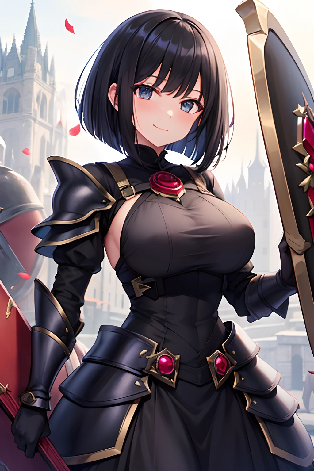I don't want it to hurt, so I want to be defensive.。, A girl with a black hair bob cut wearing black armor with all her stats poured into her defenses, Rose pattern, Heavy Shot, kindly smile, Sauce order, Black shield larger than her body, A large shield embedded with a red ruby, Big stupid hair,