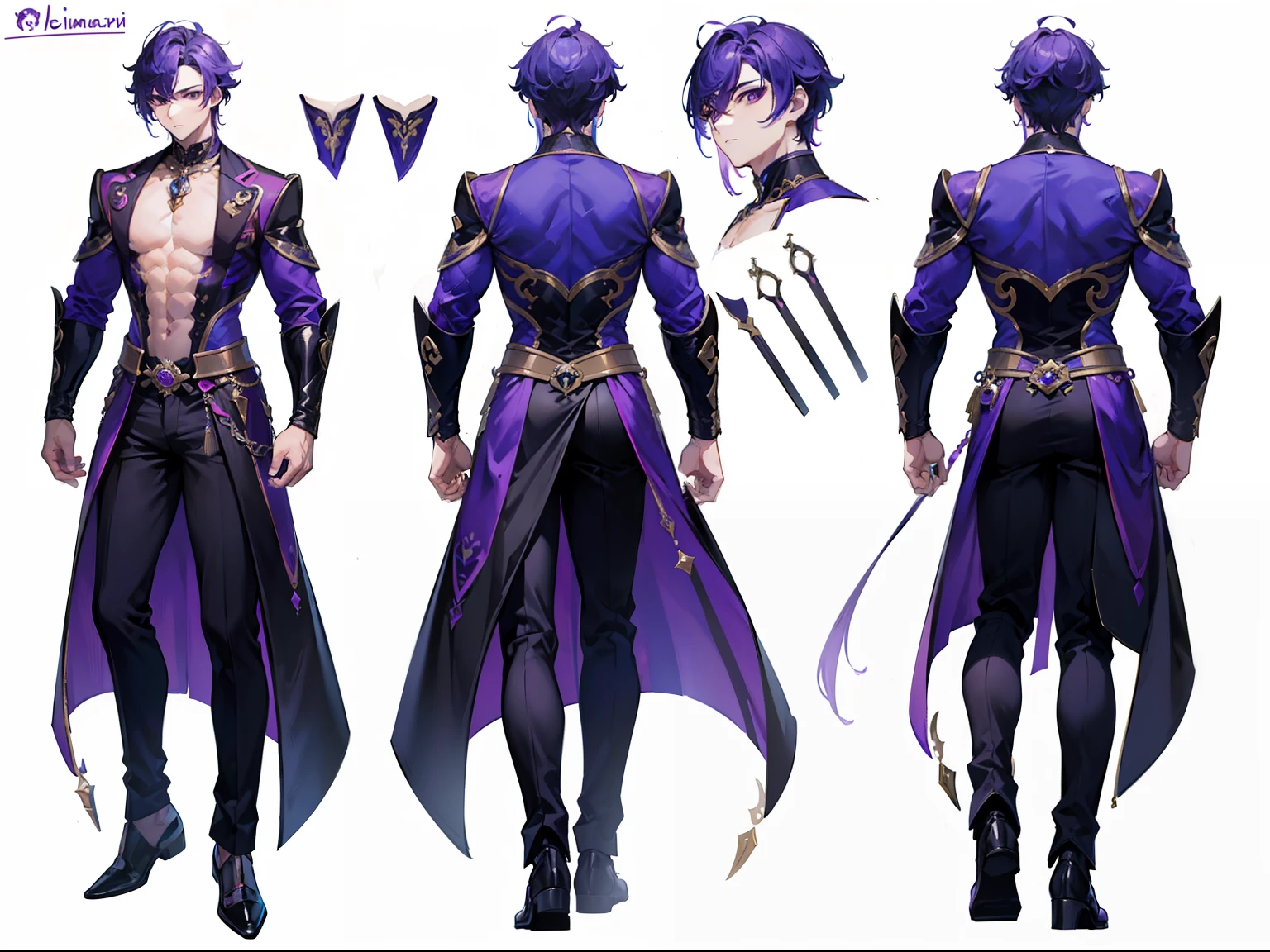 ((Masterpiece, Highest quality)), Male, boy, Detailed face, character design sheet,full body esbian, Full of details, frontal body view, back body view, Highly detailed, Depth, Many parts, Muscle boy with purple hair,handsome man, vampire outfit clothes, Genshin Impact, man tall, pectoral muscles, abs