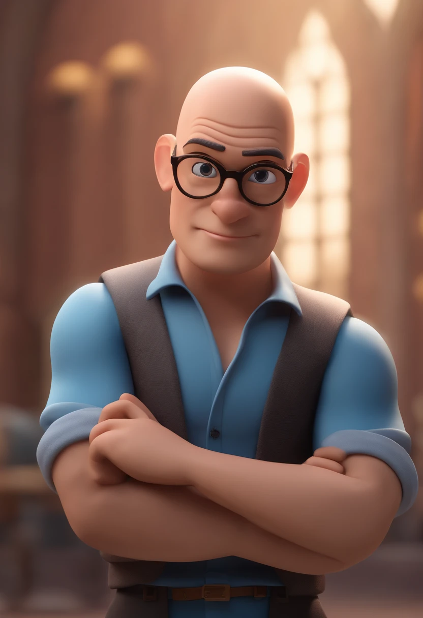 Cartoon character of a man with shaved head and beard with black glasses and a blue shirt, animation character, Caractere estilizado, animation style rendering, 3D estilizado, Arnold Maya render, 3 d render stylized, toon render keyshot, Personagem 3D, Personagem 3D, 3d rendering stylized, 3 d character render, personagem de desenho animado, Personagem de close up, Pose de personagem, (Estilo Pixar) (master part:1.2) (Bokeh) (best quality) (pele detalhada) (textura detalhada) (8k) (argila) (Cinematic lighting) (foco nítido