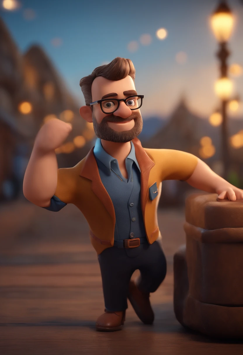 Cartoon character of a man with shaved head and beard with black glasses and a blue shirt, animation character, Caractere estilizado, animation style rendering, 3D estilizado, Arnold Maya render, 3 d render stylized, toon render keyshot, Personagem 3D, Personagem 3D, 3d rendering stylized, 3 d character render, personagem de desenho animado, Personagem de close up, Pose de personagem, (Estilo Pixar) (master part:1.2) (Bokeh) (best quality) (pele detalhada) (textura detalhada) (8k) (argila) (Cinematic lighting) (foco nítido
