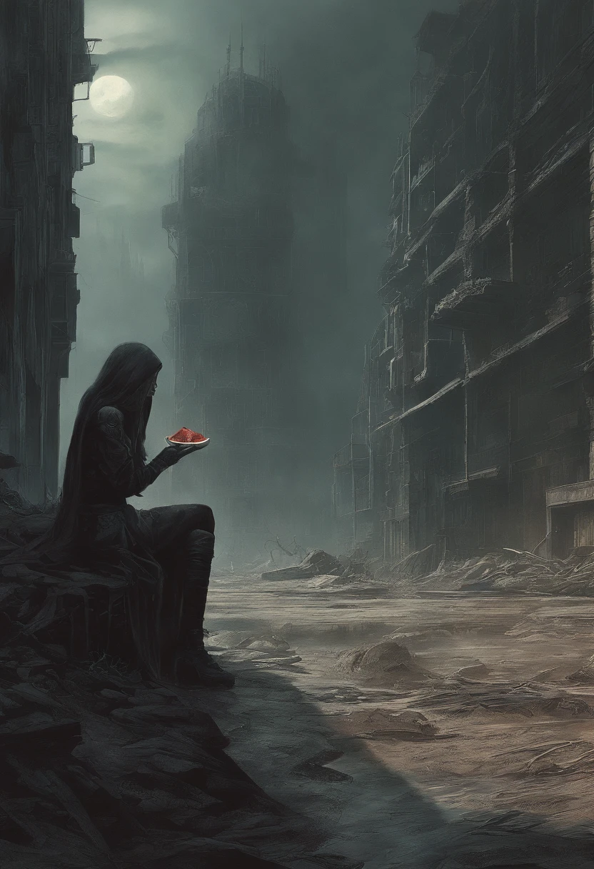 A girl eating watermelon, watermelon, a gitrl, Create dystopian masterpieces,Depict the destroyed futuristic cityscape in a gritty game concept art style. The artwork should evoke a sense of futuristic desolation and despair, post apocalyptic world. Keep an eye on the intricacies of detail, Sharp focus, and a highly detailed description of the ruined city. Take inspiration from the artistic styles of Wayne Barlow and Zdislav Beksiński. Deliver this image in movie view format, Show the bleak beauty of this decaying world. Cthulhu watching her from afar