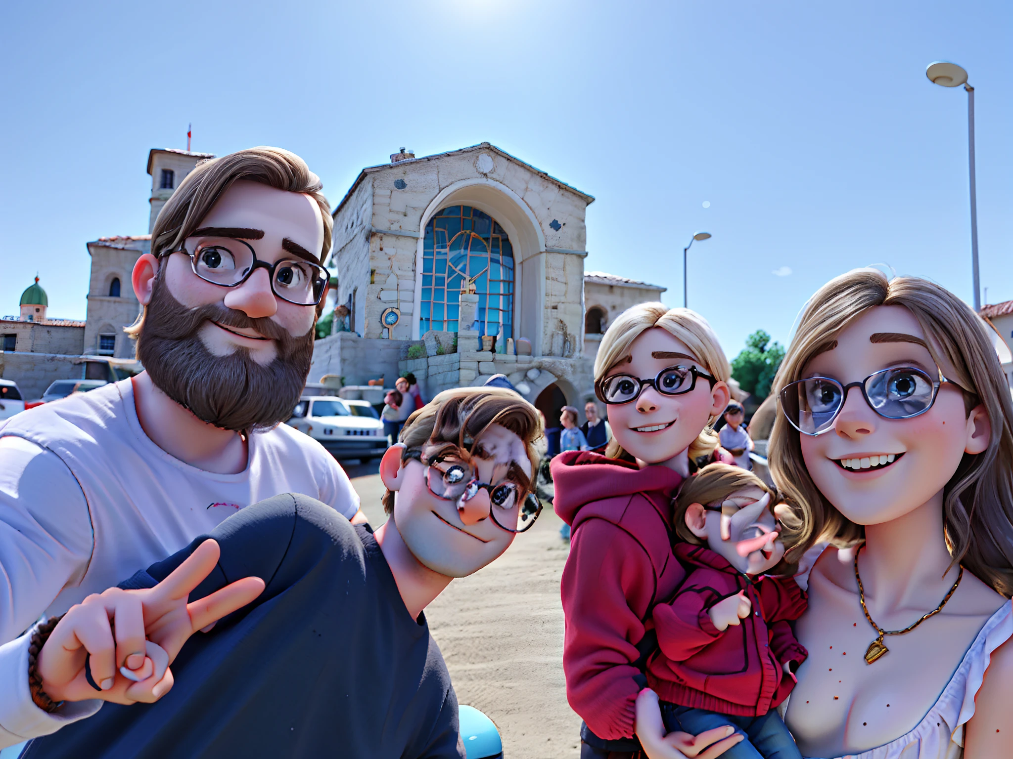 Family two children man 29 years old tall brunette with beard, Tall blonde woman 25 years old beautiful in glasses , Cute skinny blonde 7-year-old and a chubby brunette 11-month-old baby