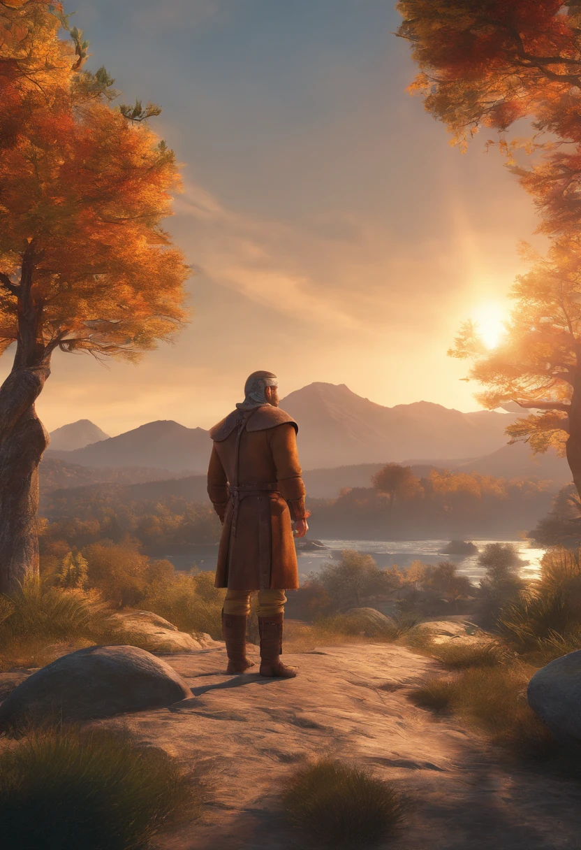 um homem com cabelos castanhos, 40 anos, ((barba viking), (((Retrato da parte superior do corpo, Feliz)), Natureza, Lago na montanha, (((tempo nublado)), ((final de tarde)), ((roupas pretas), pine trees at the foot of the mountain, roupas frias, realistic lighting, sombras realistas, ultra realistic, fotorrealista, 8k, Full HD