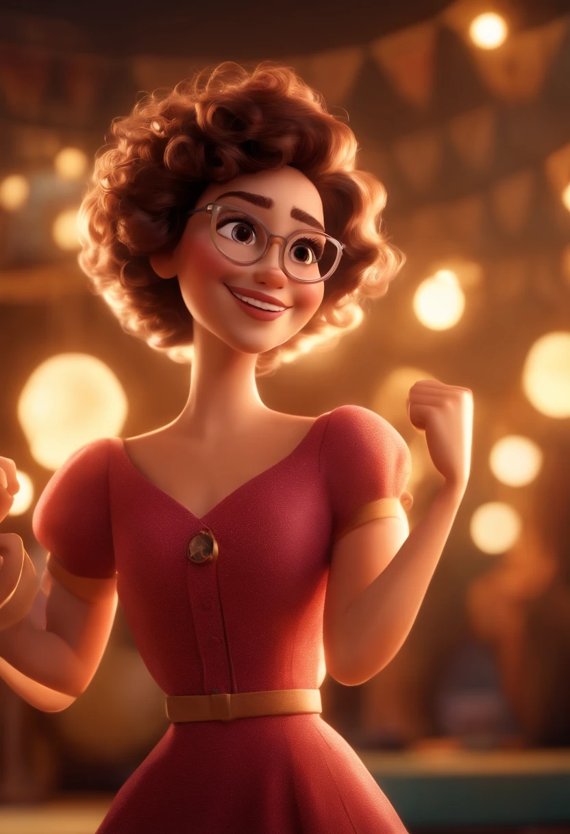 Pixar style image with 3D character white glasses brunette woman short curly hair dancing, Maquiagem Disney,Pescador, bonitinho, sorridente ,Close-up, Pixar, Disney, Cinema lighting,