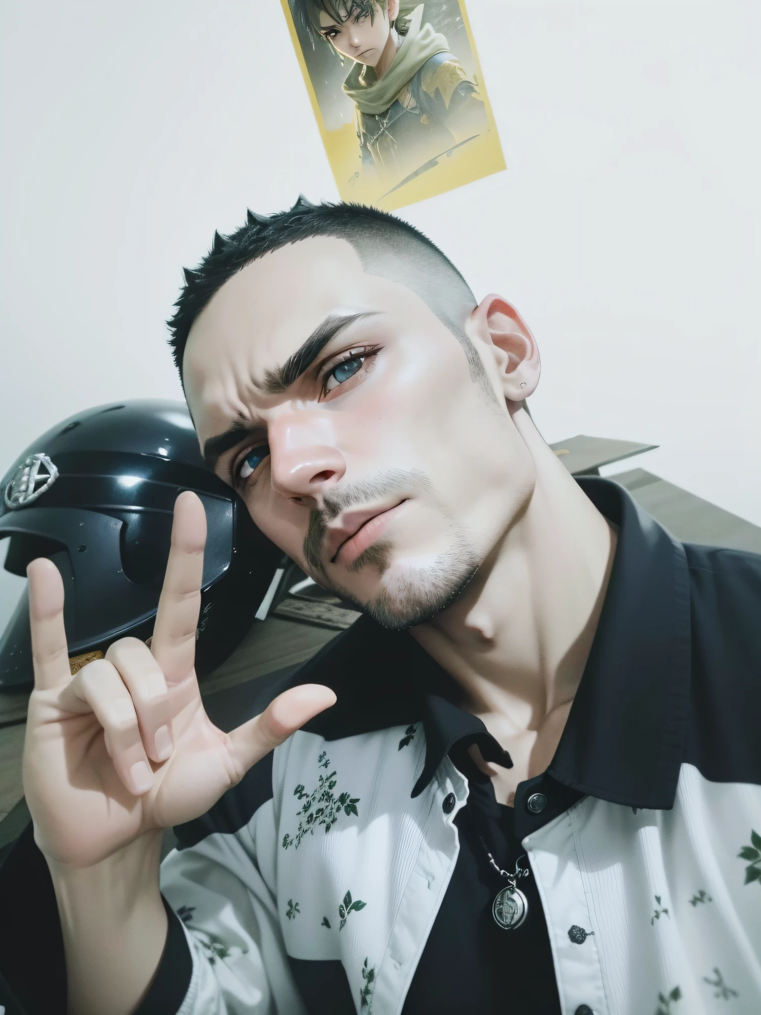 imagem realista 8k de um homem loiro, 35 anos, olhos azuis, short hair, forte, disdainful expression, vestido com roupas de guerreiro RPG prateado com ombreiras douradas, Standing in a large underground dungeon, Hand outstretched in front of you, arte estilo anime
