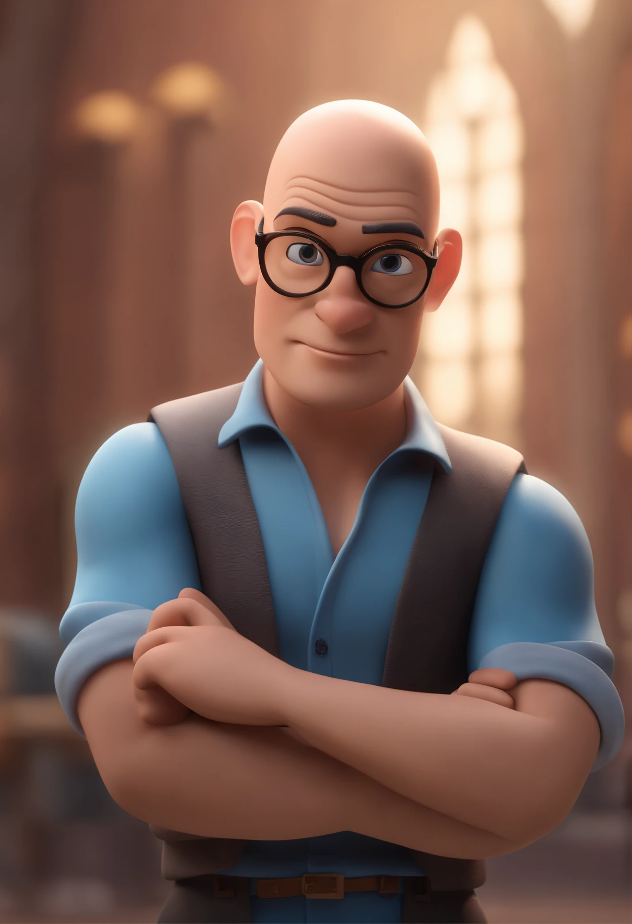 Cartoon character of a man with shaved head and beard with black glasses and a blue shirt, animation character, Caractere estilizado, animation style rendering, 3D estilizado, Arnold Maya render, 3 d render stylized, toon render keyshot, Personagem 3D, Personagem 3D, 3d rendering stylized, 3 d character render, personagem de desenho animado, Personagem de close up, Pose de personagem, (Estilo Pixar) (master part:1.2) (Bokeh) (best quality) (pele detalhada) (textura detalhada) (8k) (argila) (Cinematic lighting) (foco nítido