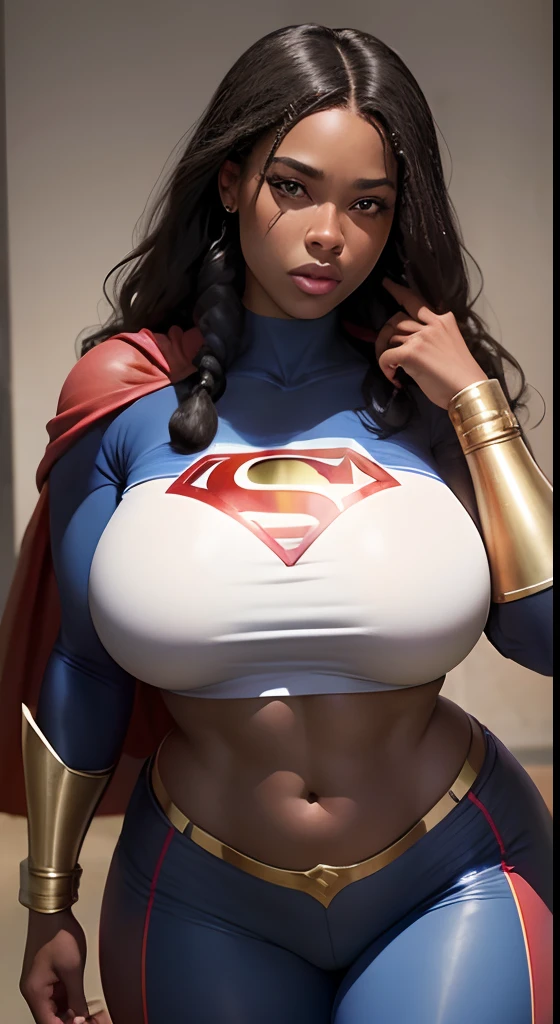 Emily is a black African woman, com pele muito escura, de 35 anos com cabelos escuros, geralmente preso em um coque ou rabo de cavalo. His eyes are dark and expressive, transmitindo sua personalidade sensual e sexy. She has an average height, Sobre 1.70m, com seios grandes, muito grandes e quadris enormes, BBW. Emily is a superhero, Usar roupas da supergirl decote sexy. Ela costuma usar pouca maquiagem, preferindo um visual natural. best quality, Realistic photo, photo de corpo inteiro, poses sensuais sexy, foto tirada de baixo para cima.
