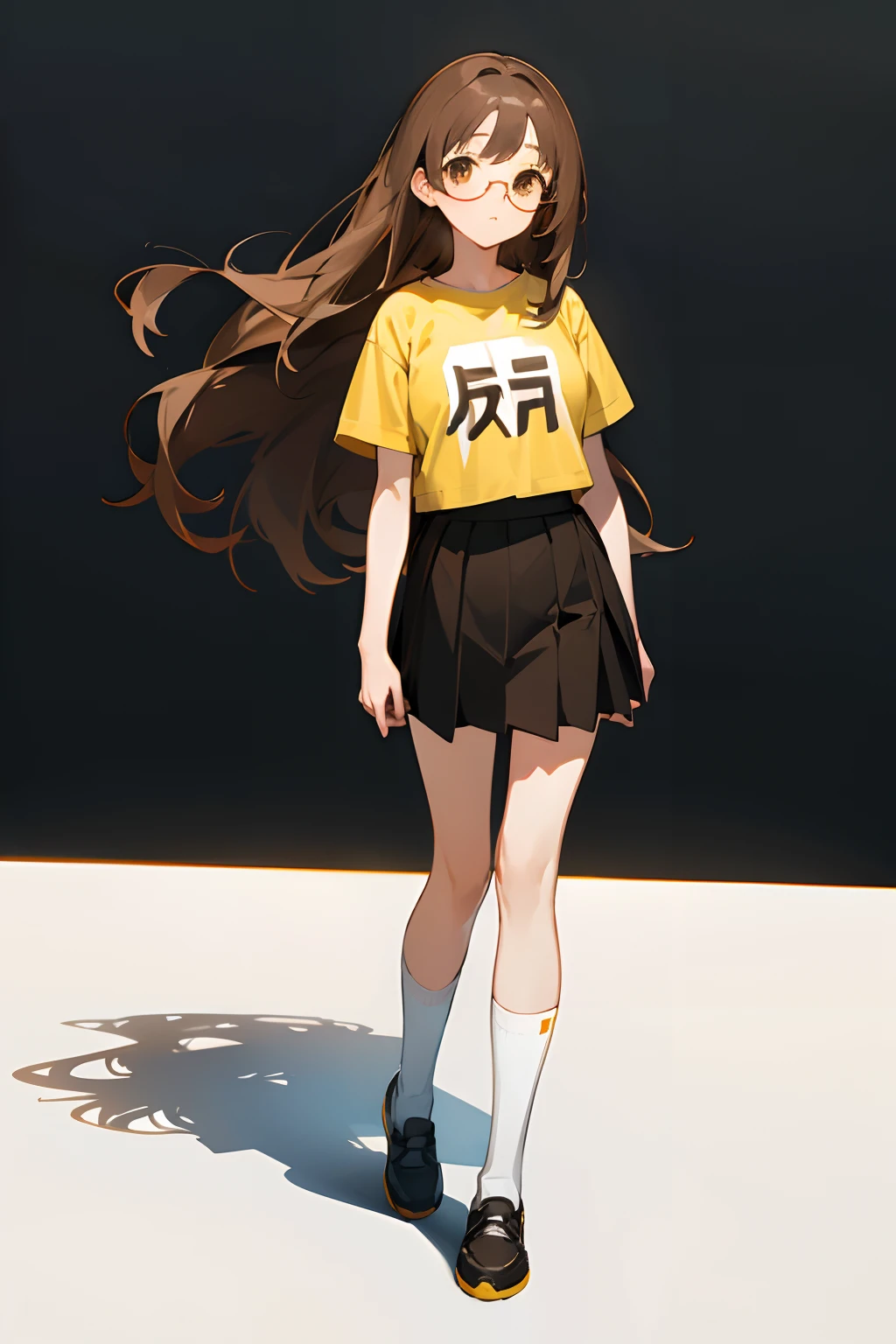 White anime girl, long brown hair, brown eyes, eyeglasses, yellow t-shirt, medium black skirt, high white socks, black shoes, standing, neutral face, white floor, white wall, white background, camera view in front of her.