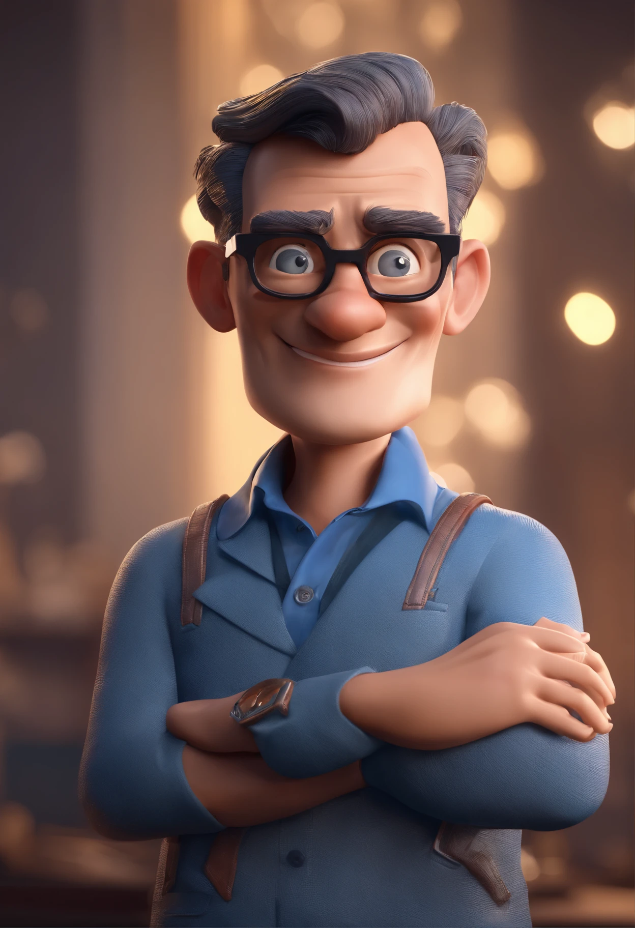 Cartoon character of a man with black glasses and a blue shirt, animation character, Caractere estilizado, animation style rendering, 3D estilizado, Arnold Maya render, 3 d render stylized, toon render keyshot, Personagem 3D, Personagem 3D, 3d rendering stylized, 3 d character render, personagem de desenho animado, Personagem de close up, Pose de personagem, (Estilo Pixar) (master part:1.2) (Bokeh) (best quality) (pele detalhada) (textura detalhada) (8k) (argila) (Cinematic lighting) (foco nítido