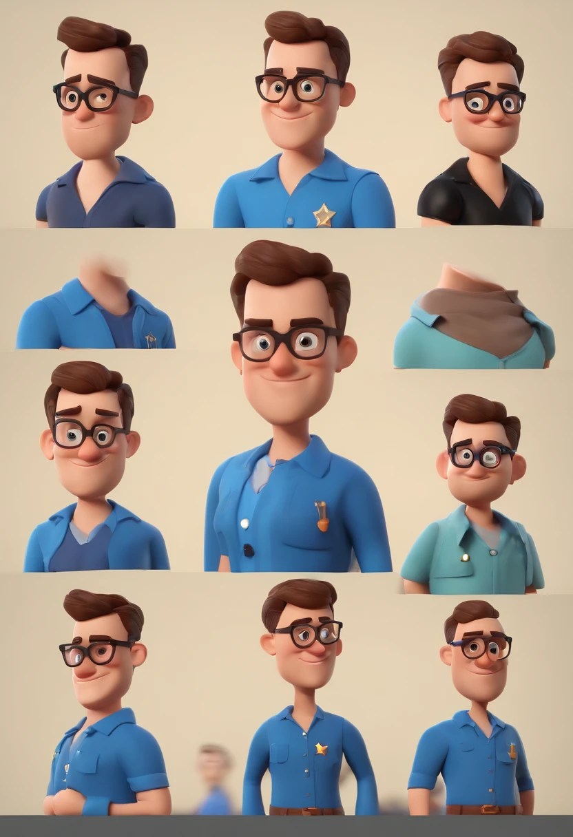 Cartoon character of a man wearing black glasses and a blue shirt, um personagem animado, Caractere estilizado, animation style rendering, 3D estilizado, Arnold Maya render, 3 d render stylized, toon render keyshot, Personagem 3D, Personagem 3D, 3d rendering stylized, 3 d character render, personagem de desenho animado, Personagem de close up, Pose de personagem, (Estilo Pixar) (master part:1.2) (Bokeh) (best quality) (pele detalhada) (textura detalhada) (8k) (argila) (Cinematic lighting) (foco nítido，Senta e vaza a parte superior do corpo