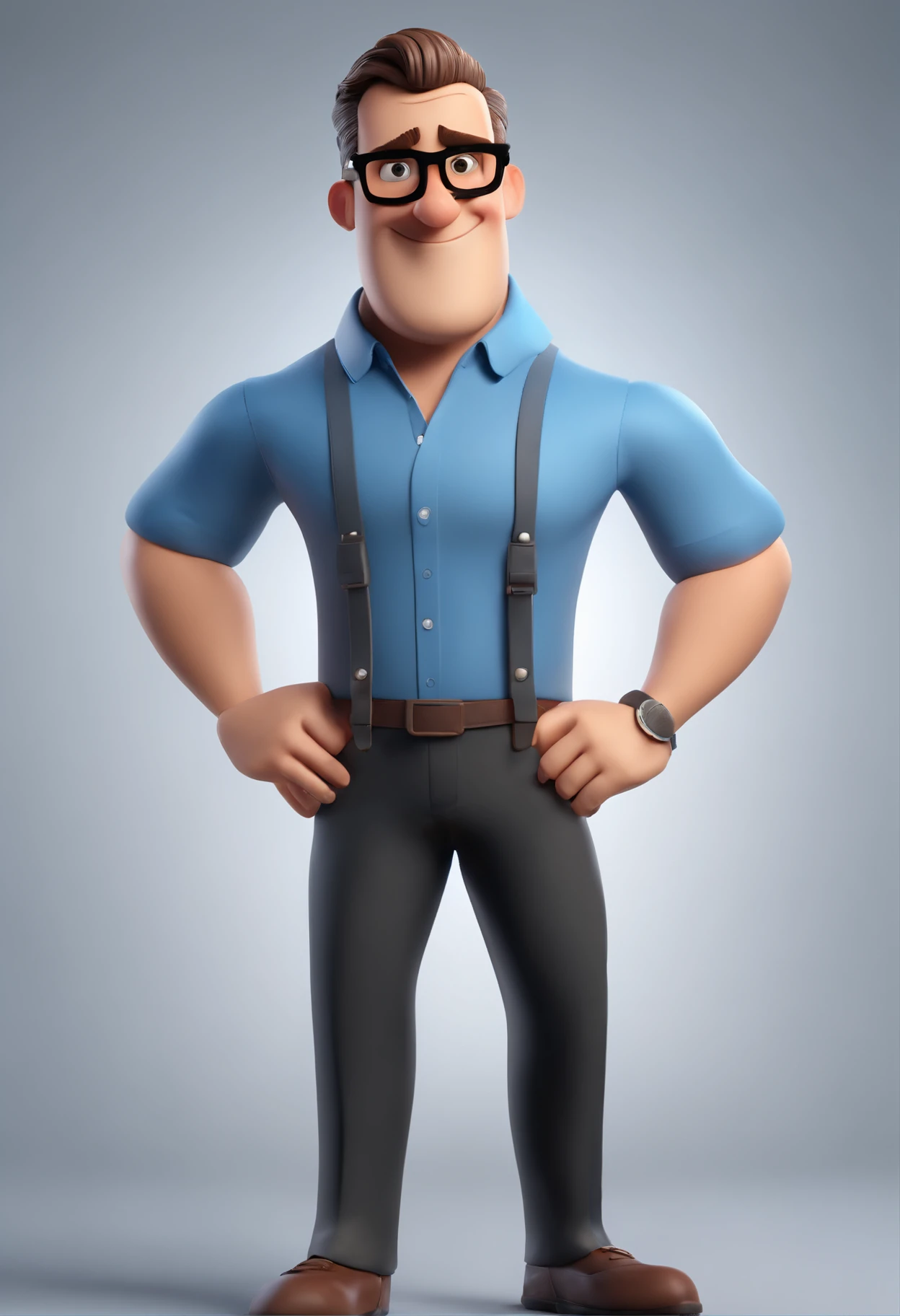 Cartoon character of a man wearing black glasses and a blue shirt, um personagem animado, Caractere estilizado, animation style rendering, 3D estilizado, Arnold Maya render, 3 d render stylized, toon render keyshot, Personagem 3D, Personagem 3D, 3d rendering stylized, 3 d character render, personagem de desenho animado, Personagem de close up, Pose de personagem, (Estilo Pixar) (master part:1.2) (Bokeh) (best quality) (pele detalhada) (textura detalhada) (8k) (argila) (Cinematic lighting) (foco nítido，Senta e vaza a parte superior do corpo