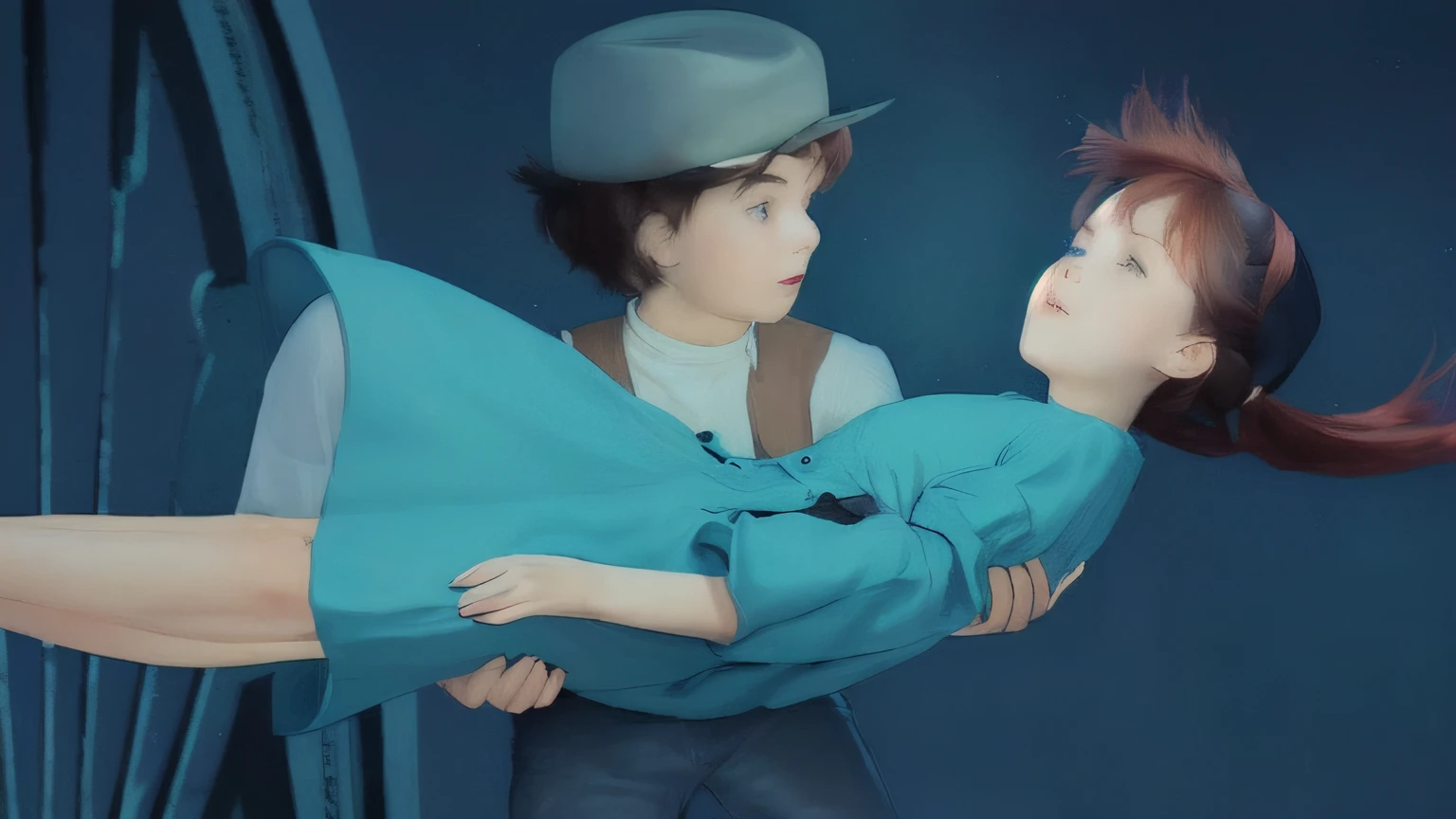 A boy is holding a floating girl in the air with both hands. The boy wears a hat, white shirt and a brown vest, belt with jeans. The girl wears a shining blue pendant, a red hair band, a blue dress