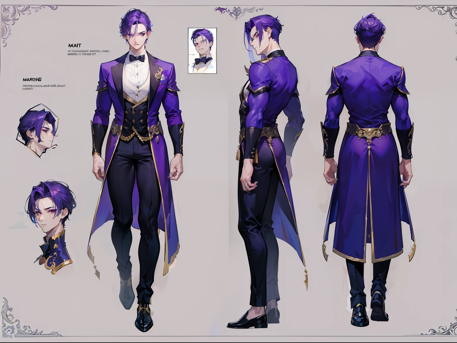 ((Masterpiece, Highest quality)), Male, boy, Detailed face, character design sheet, full bodyesbian, Full of details, frontal body view, back body view, Highly detailed, Depth, Many parts, Muscle boy with purple hair,handsome man, vampire outfit clothes, man tall