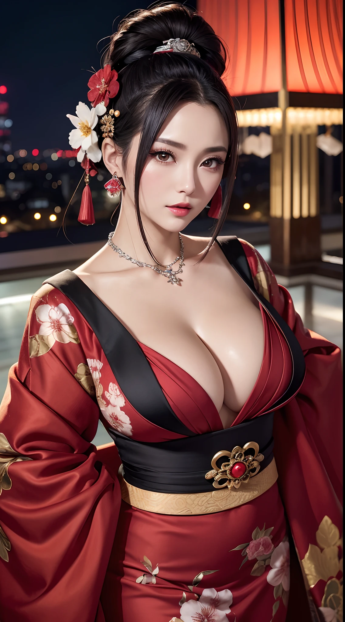 (hyper realstic)、Modern Oiran、(Female Ninja of the 21st Century)、Beautie high-level image quality hight resolution (Realistic) Shorthair、Woman with dark hair、A MILF、Middle-aged woman、Big big、Detailed red-black 、detailed skin textures、超A high resolution、Realistic、Voluptuous body shape、angry looking face、Middle-aged beauty、Beautiful expression、With detailed red-black areola 、detailed brown eyes、long fluffy hair、Kamimei、Very delicate and detailed skin texture、35 years old、{There is a helipad at night((Being on the roof of a skyscraper))}、Modern Oiran、Large cleavage、Large open neckline、bright red lips、Wearing gorgeous clothes, Luxurious and luxurious kimono、ear ornament、Silver collar and necklace、gorgeous hair decoration、