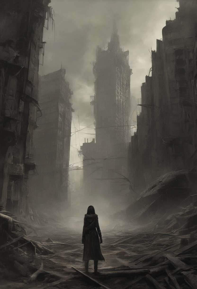 A girl being watched by Monster Cthulhu, a girl, Create dystopian masterpieces，Depict the destroyed futuristic cityscape in a gritty game concept art style. The artwork should evoke a sense of futuristic desolation and despair, post apocalyptic world. Keep an eye on the intricacies of detail, Sharp focus, and a highly detailed description of the ruined city. Take inspiration from the artistic styles of Wayne Barlow and Zdislav Beksiński. Deliver this image in movie view format, Show the bleak beauty of this decaying world.