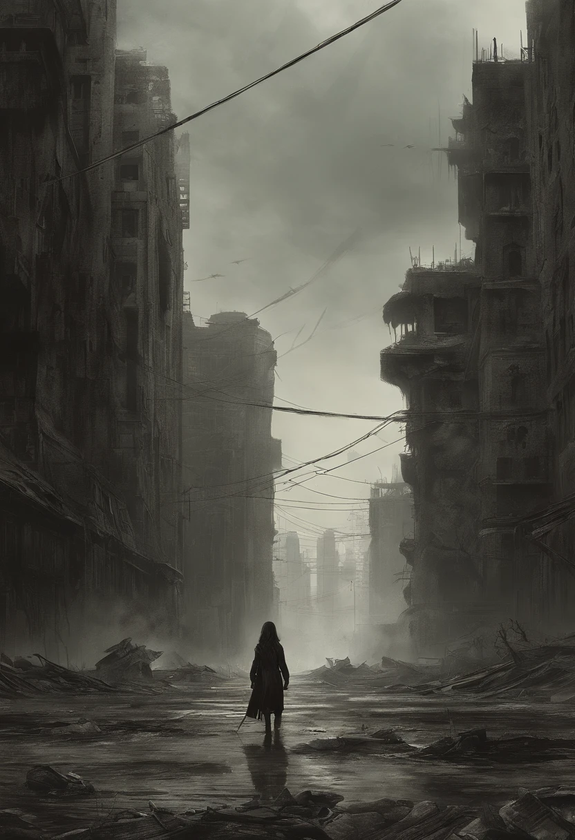 A girl being watched by Monster Cthulhu, a girl, Create dystopian masterpieces，Depict the destroyed futuristic cityscape in a gritty game concept art style. The artwork should evoke a sense of futuristic desolation and despair, post apocalyptic world. Keep an eye on the intricacies of detail, Sharp focus, and a highly detailed description of the ruined city. Take inspiration from the artistic styles of Wayne Barlow and Zdislav Beksiński. Deliver this image in movie view format, Show the bleak beauty of this decaying world.