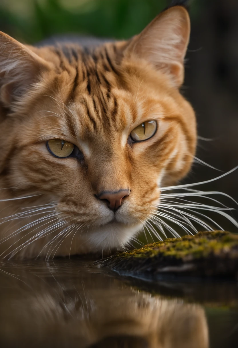 Capture chic and fat light brown tiger cat to produce ultra-high-definition images, Classic Cat Pose. Using advanced macro photography techniques、Highlights the intricate details of the cat's coat, mustaches, And expressive eyes. Place the camera at the cat's eye level, Create an intimate connection between the viewer and the cat subject. Implement a wide aperture for a shallow depth of field, Make the cat stand out clearly against a gently blurred background. Improve lighting to emphasize the texture and contours of the cat's body, Using the software, Remove hard shadows with diffused lighting、Create software, cosy atmosphere. Catch a cat in a relaxed and balanced posture, Show its flexibility and elegance. An experiment to capture moments in natural movement, Stretching, grooming, etc., To convey a sense of authenticity. Implement post-processing techniques to improve image clarity, contrast, and color balance, Ensure every aspect, From the cat's intricate patterns to its intense gaze, Rendered in stunning detail. It is the last, convey the gentle beauty and innate grace of the cat,, Capture fleeting moments celebrating the unique essence of a cat's curiosity and calmness.((Fishing in a fishing pond))Bored face