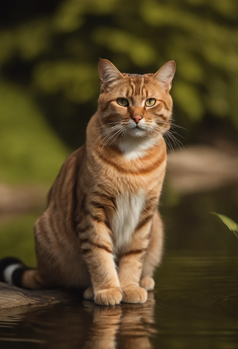 Capture chic and fat light brown tiger cat to produce ultra-high-definition images, Classic Cat Pose. Using advanced macro photography techniques、Highlights the intricate details of the cat's coat, mustaches, And expressive eyes. Place the camera at the cat's eye level, Create an intimate connection between the viewer and the cat subject. Implement a wide aperture for a shallow depth of field, Make the cat stand out clearly against a gently blurred background. Improve lighting to emphasize the texture and contours of the cat's body, Using the software, Remove hard shadows with diffused lighting、Create software, cosy atmosphere. Catch a cat in a relaxed and balanced posture, Show its flexibility and elegance. An experiment to capture moments in natural movement, Stretching, grooming, etc., To convey a sense of authenticity. Implement post-processing techniques to improve image clarity, contrast, and color balance, Ensure every aspect, From the cat's intricate patterns to its intense gaze, Rendered in stunning detail. It is the last, convey the gentle beauty and innate grace of the cat,, Capture fleeting moments celebrating the unique essence of a cat's curiosity and calmness.((Fishing in a fishing pond))Bored face